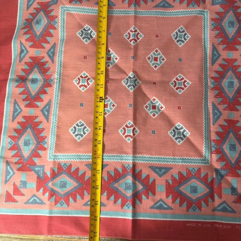 Vintage Southwestern Geometric Bandana Made in USA Coral Pink Turquoise RN 14193
